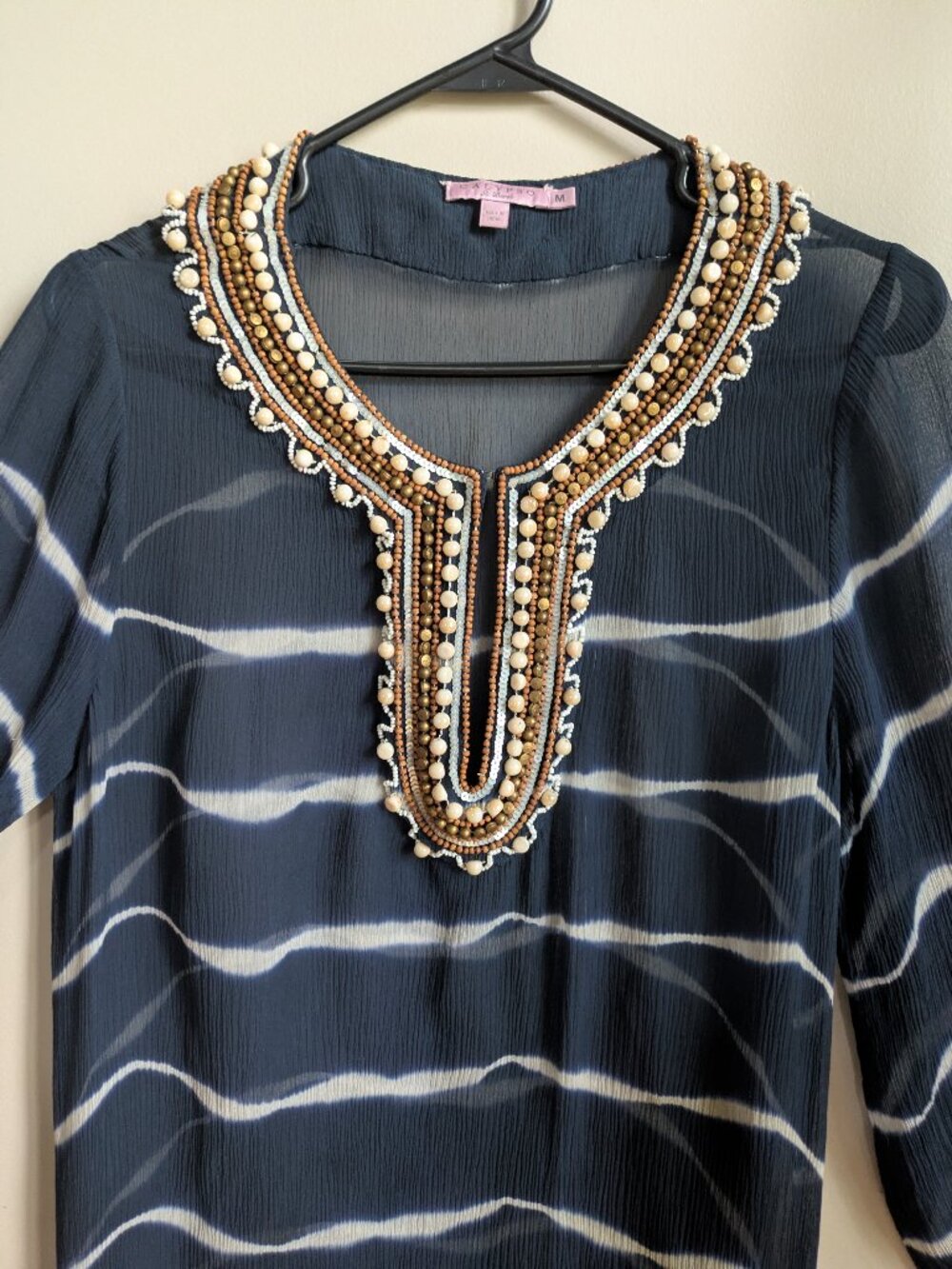calypso st. barth silk tye dye beaded cover up navy/white size M #732
